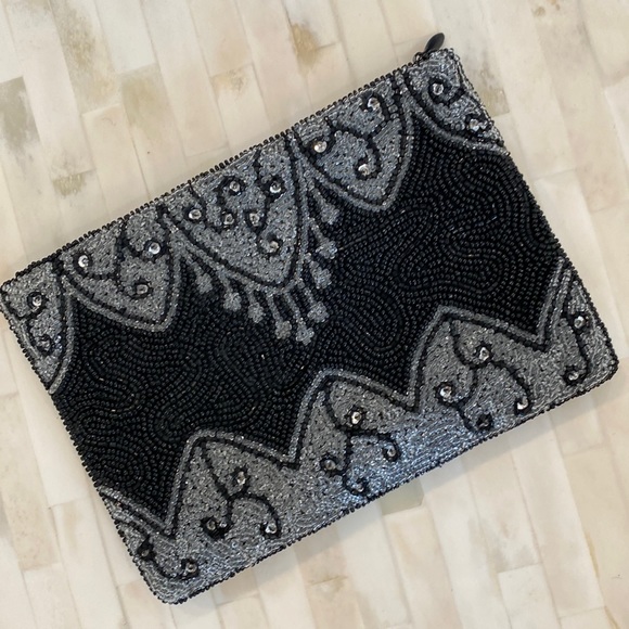 Christiana Handbags - Christiana Black and Silver Beaded Pouch or Clutch EUC